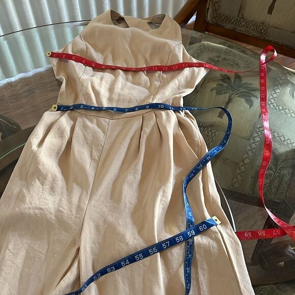 Nasty Gal Khaki Beige Pants Romper Scoop Neck Sleeveless Wide Leg Cut Out Back - Picture 17 of 17